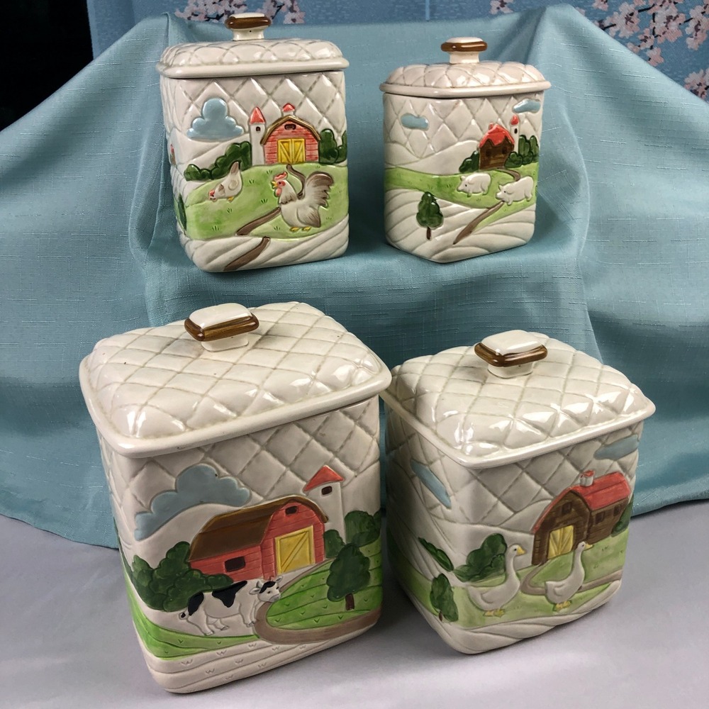 Vintage 1982 Otagiri Japan Farm Canister Set 4pc Ceramic Quilted Barn Cow Pig